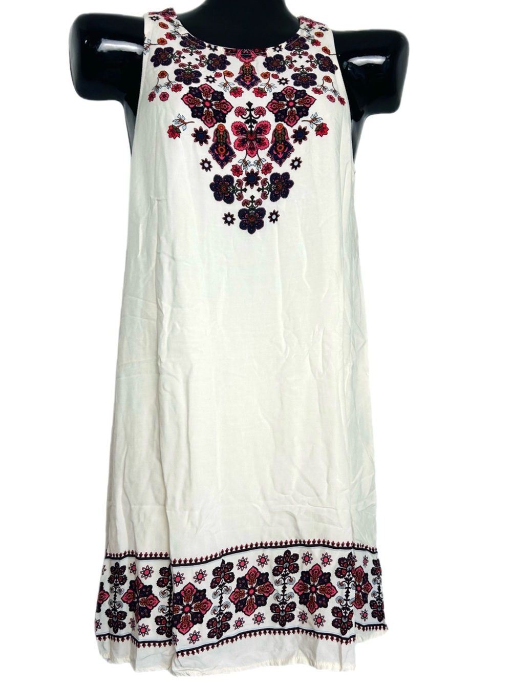 Ivory Embroidered Sleeveless Dress with Pink & Black Floral Detail